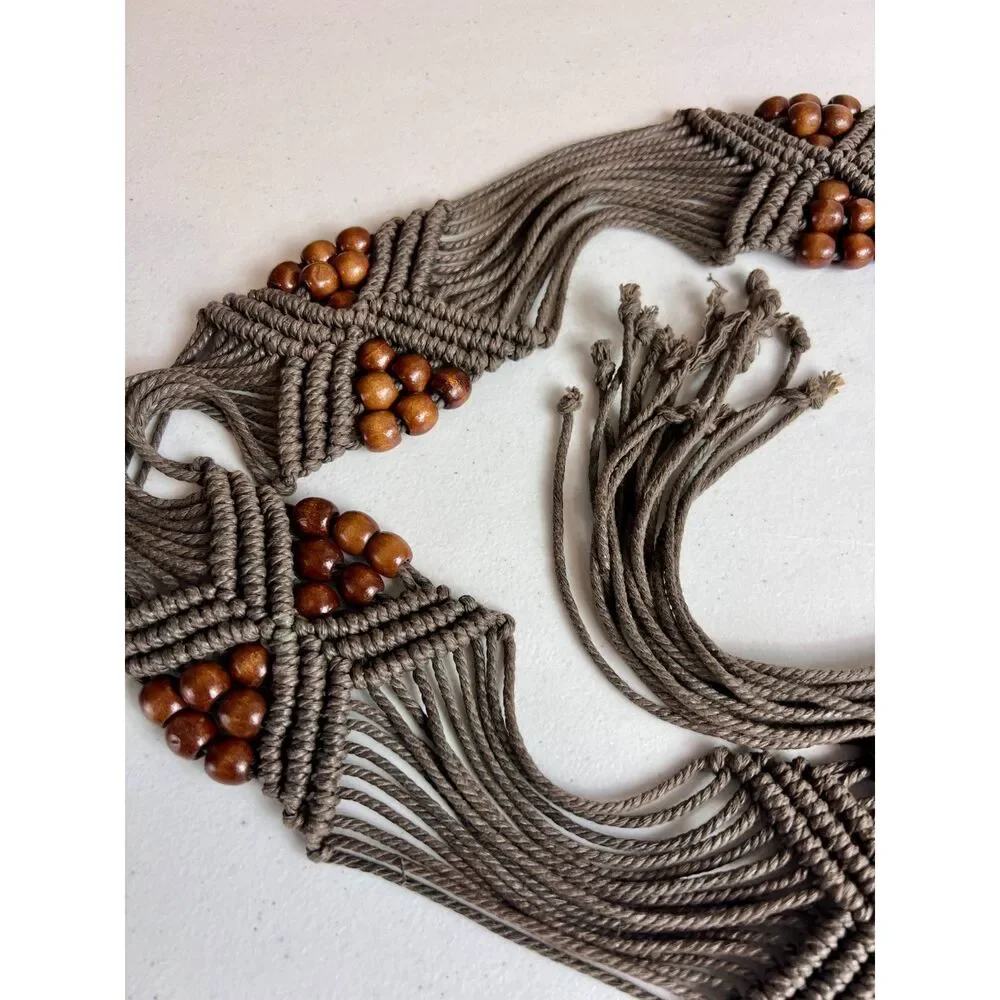 Brown Woven Boho Tie Belt Wood Beads Women's One Size (See Measurements)